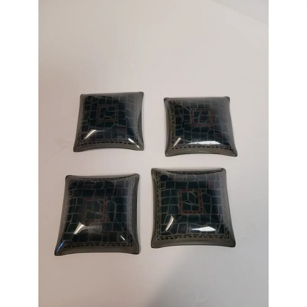 Sushi Sashimi Glass Mini Plates Mosaic Blue Red Black Set of 4
